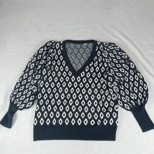 Summum Sweater Womens S Black White Argyle Print Knit Ribbed Hem V-Neck Pullover